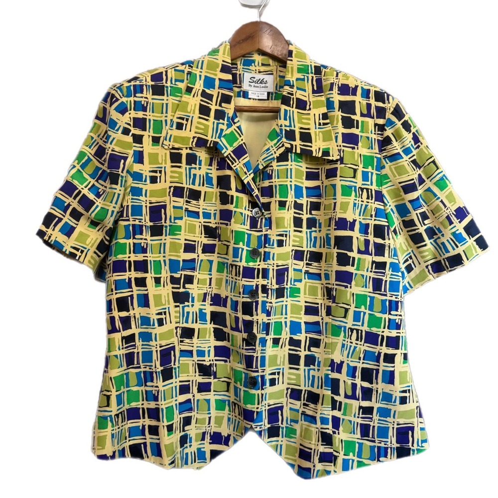Silks by Joan Leslie Blouse Womens 14 Green Blue Silk Abstract Geometric Top Exc